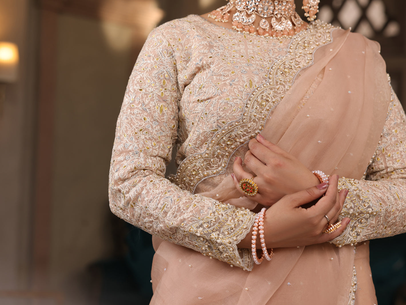Beige Organza Saree Unstitched - AL-3PS-LS-SR-UN-428