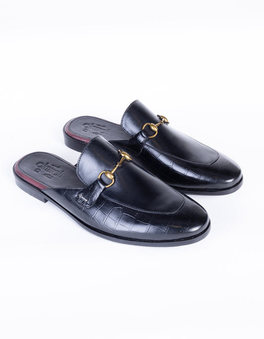 Black Leather Slip-On - AL-MSHO-040 - Almirah Online
