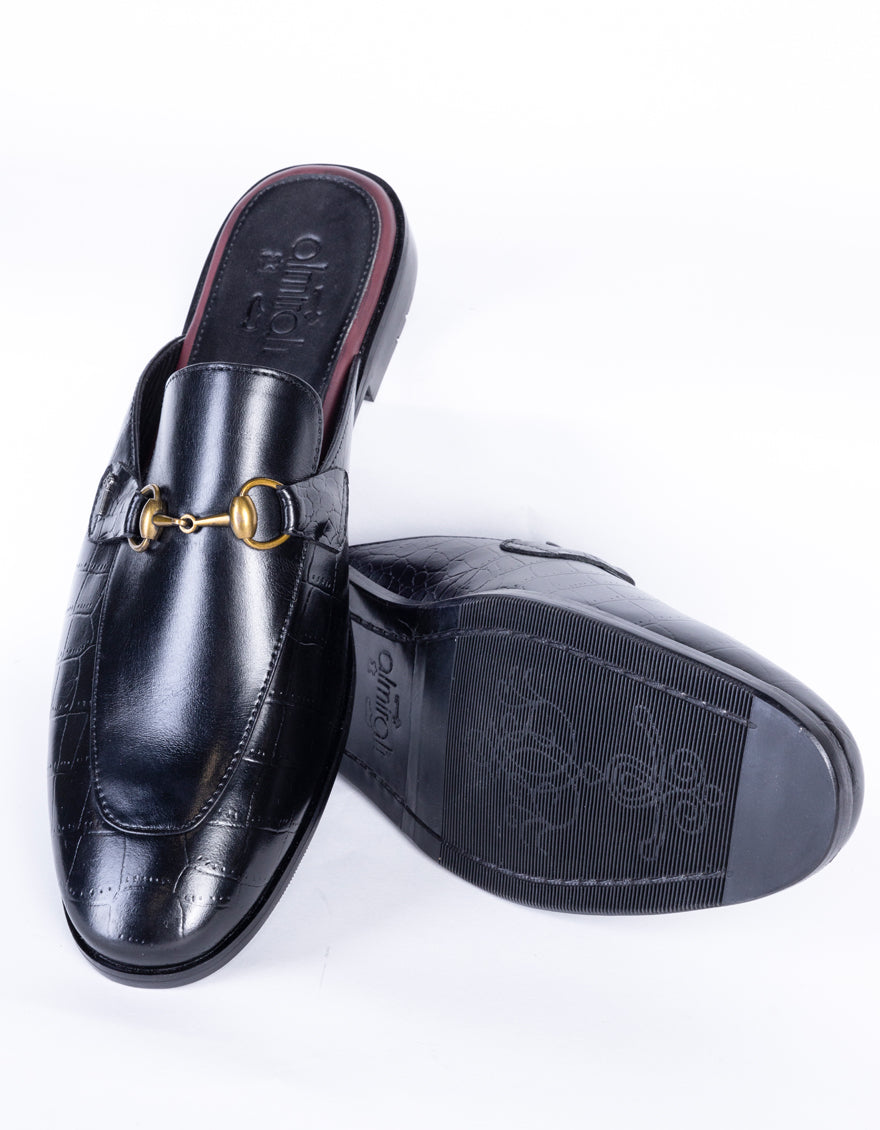 Black Leather Slip-On - AL-MSHO-040 - Almirah Online