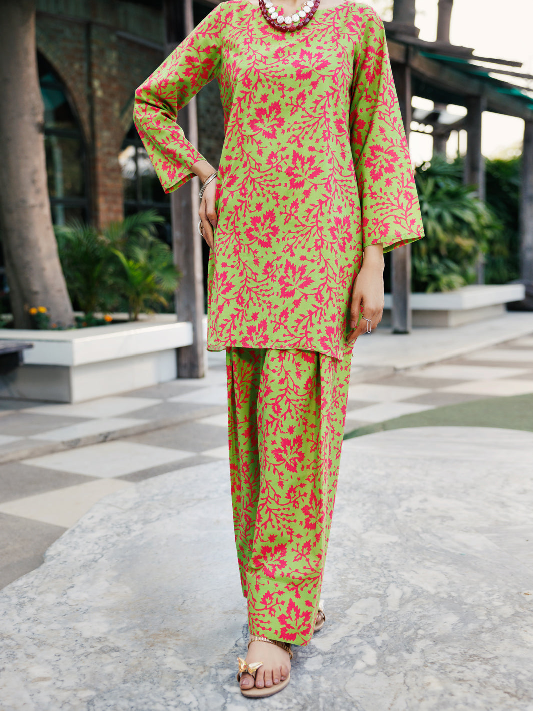 Mehndi Green Lawn Co-ord Set - ALP-2PS-SLKS-2232