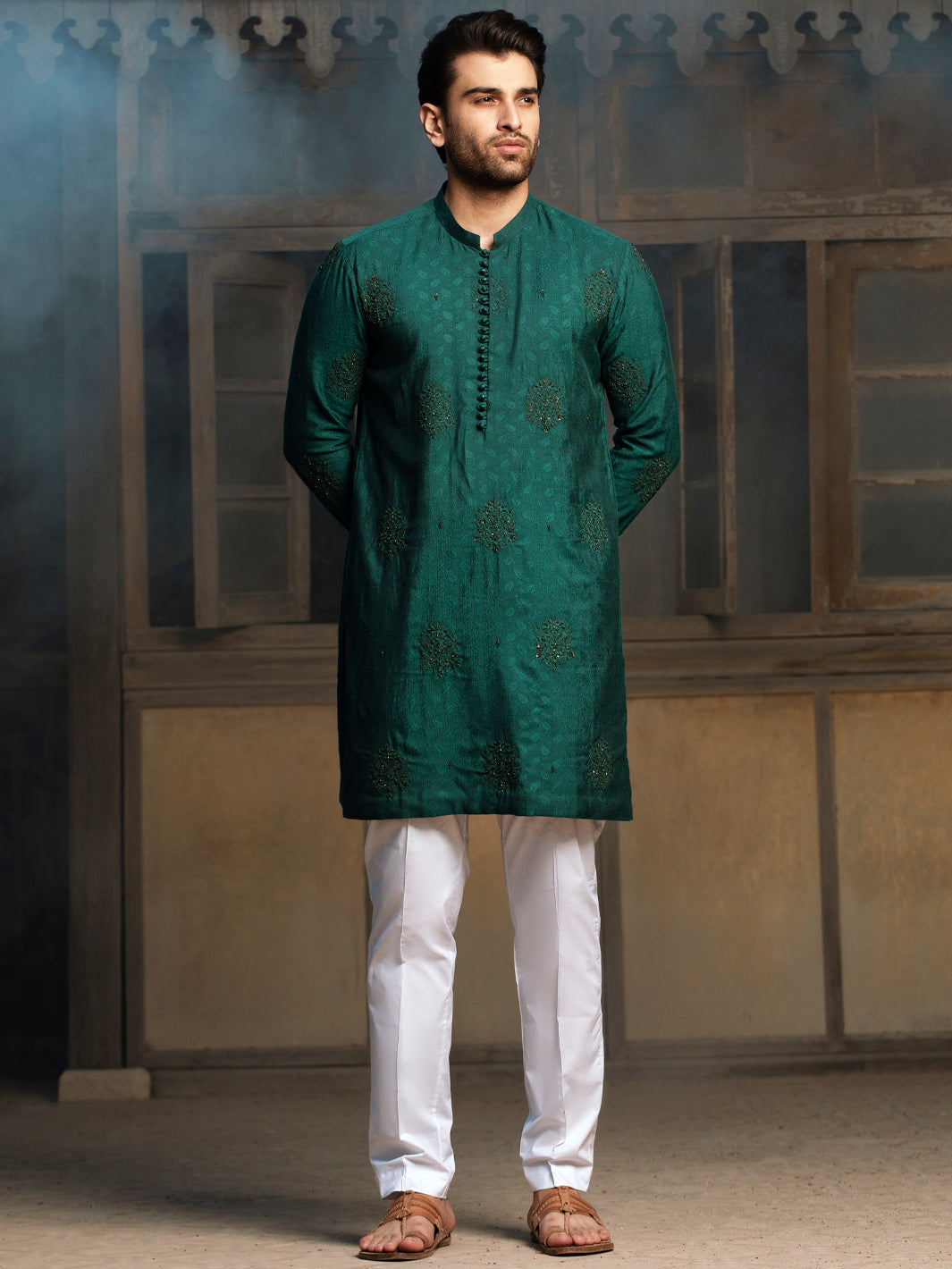 Emerald Green Blended Formal Kurta - AL-K-SP-043