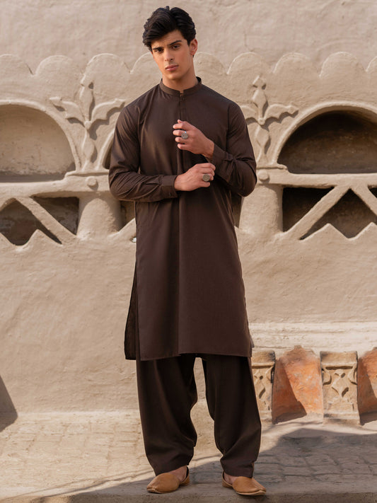 Dark Brown Blended Kameez Shalwar - AL-KS-3211
