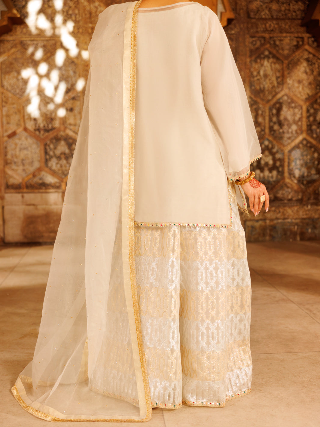 Off White Organza Formal 3Pc Stitched - AL-3PS-LS-529