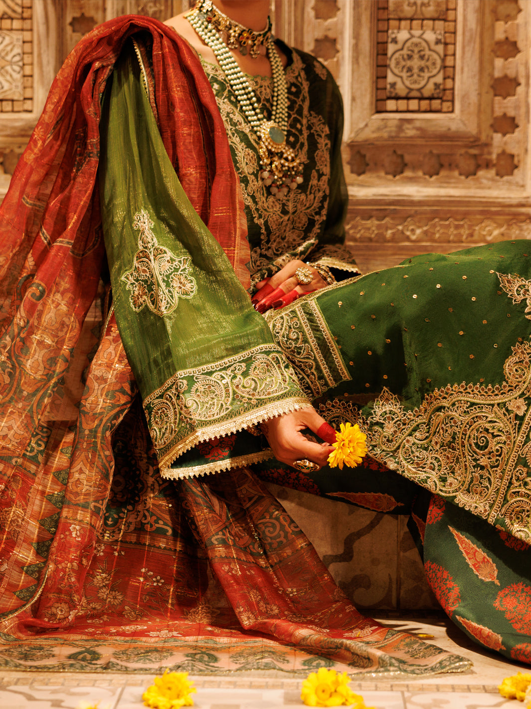 Mehendi Green Mesuri Net Formal 3Pc Stitched - AL-3PS-LS-550