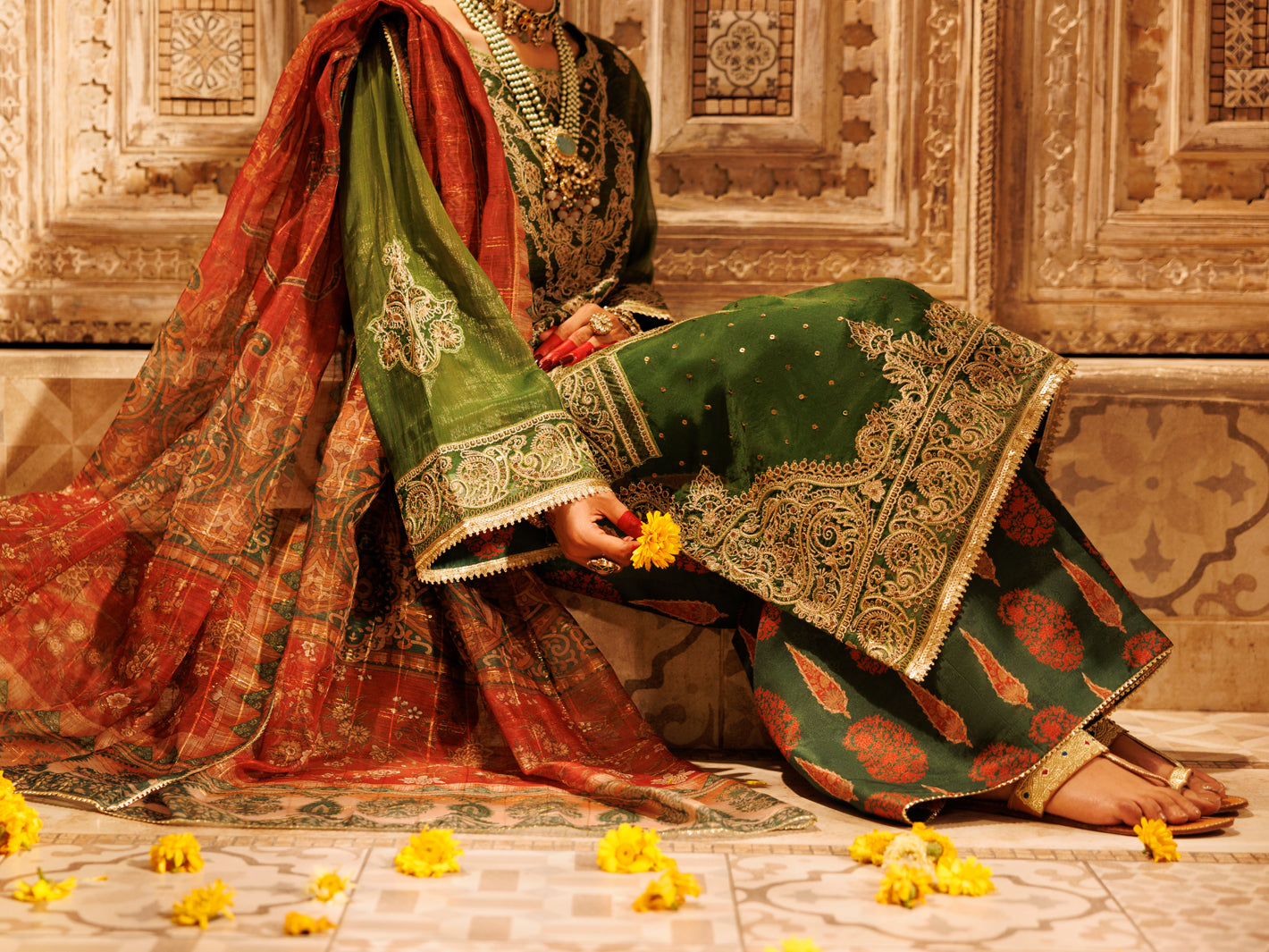 Mehendi Green Mesuri Net Formal 3Pc Stitched - AL-3PS-LS-550