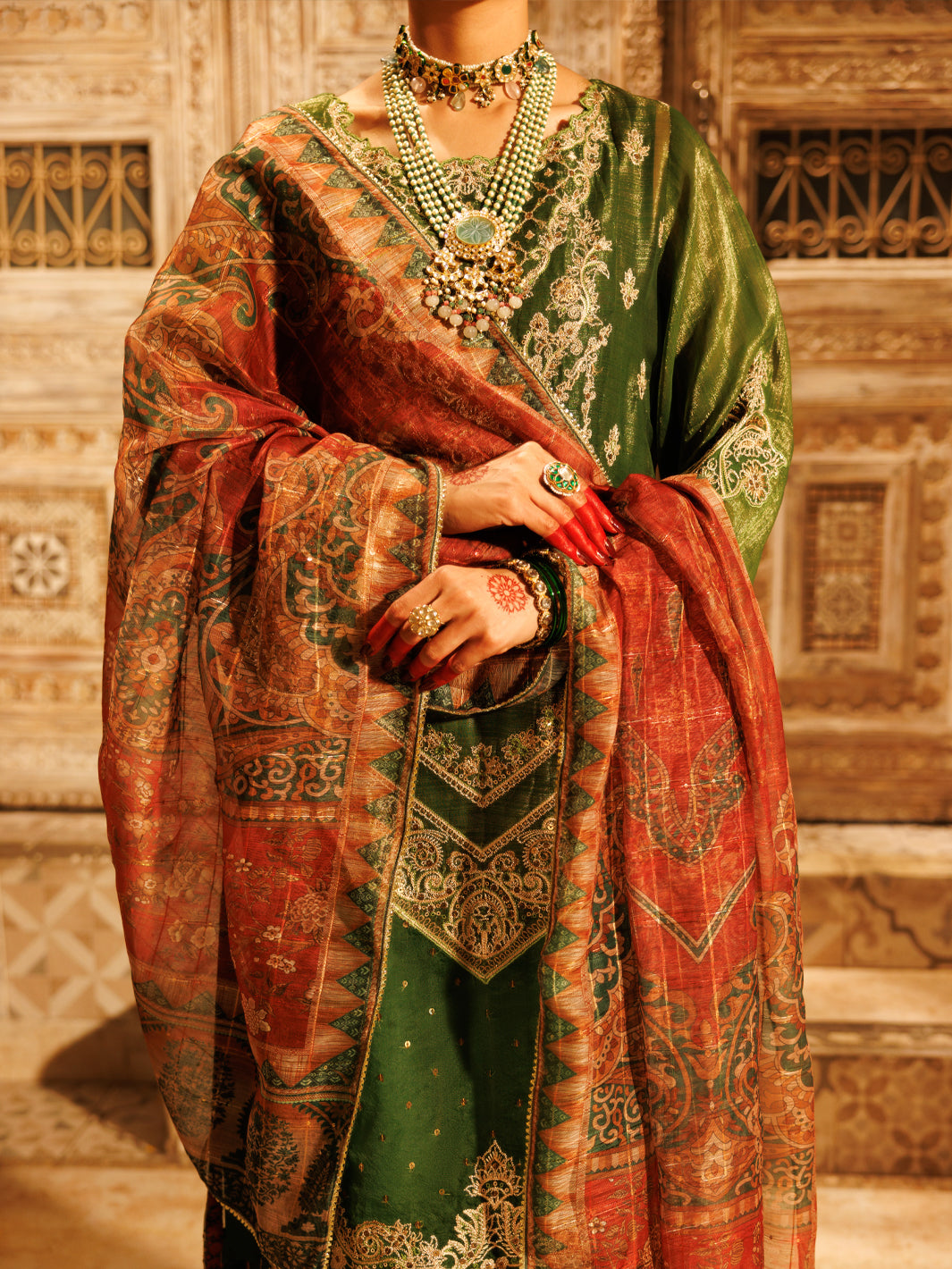 Mehendi Green Mesuri Net Formal 3Pc Stitched - AL-3PS-LS-550