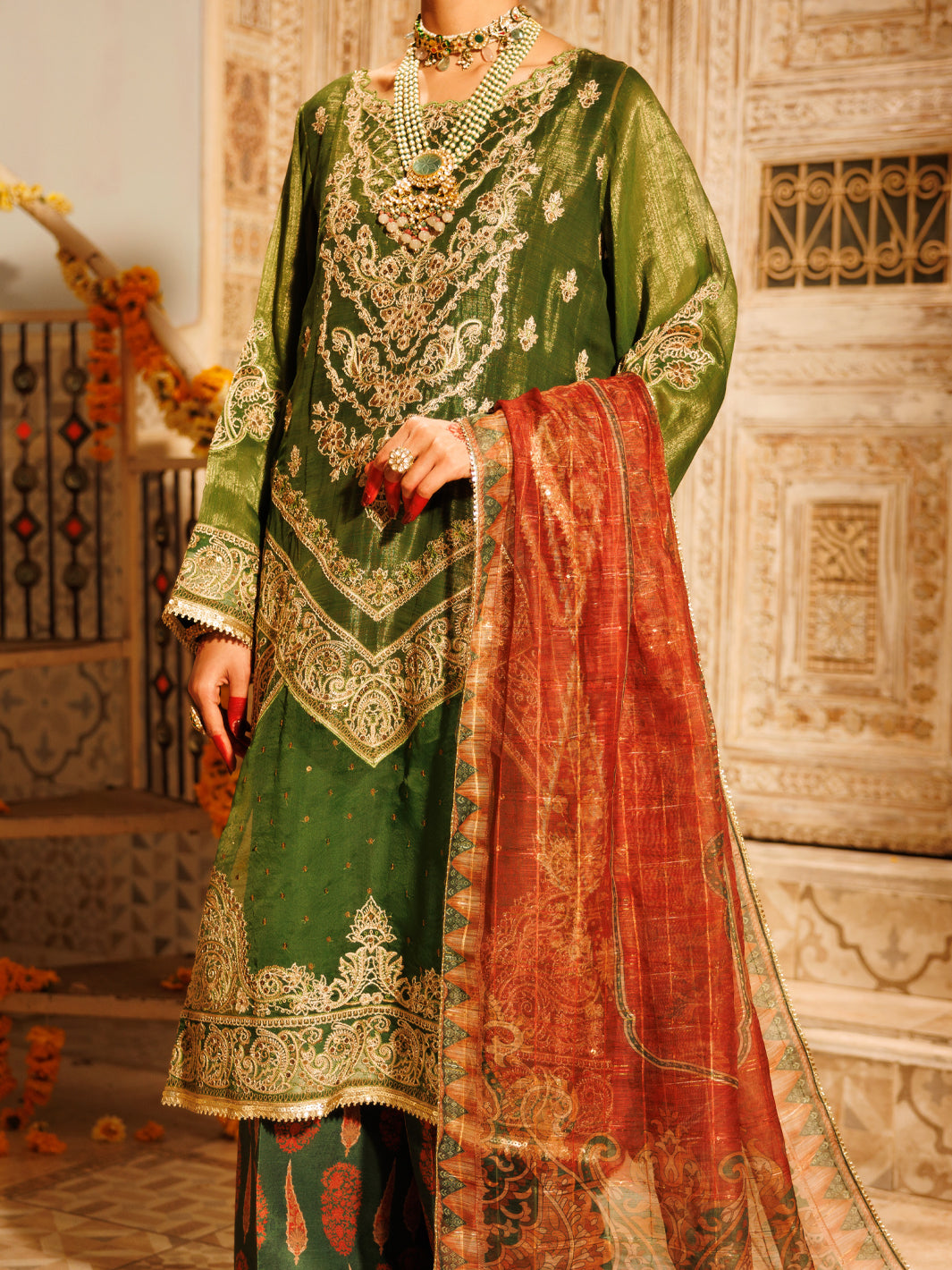Mehendi Green Mesuri Net Formal 3Pc Stitched - AL-3PS-LS-550