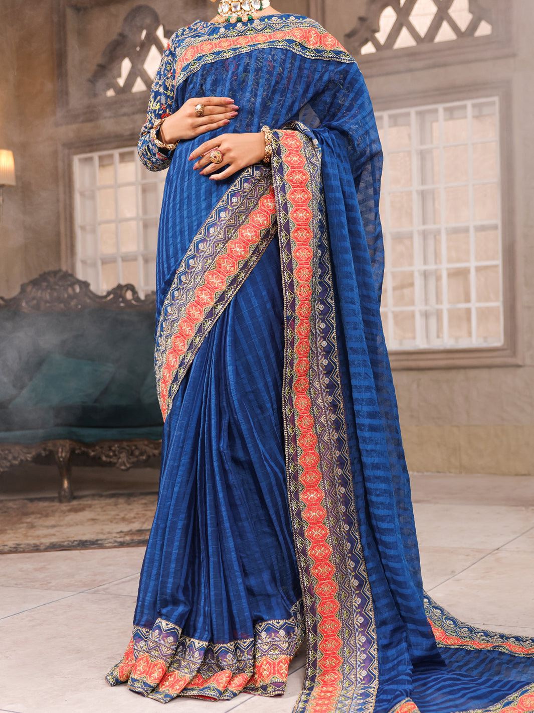 Blue Khaddi Net Saree Unstitched - AL-3PS-LS-SR-UN-429