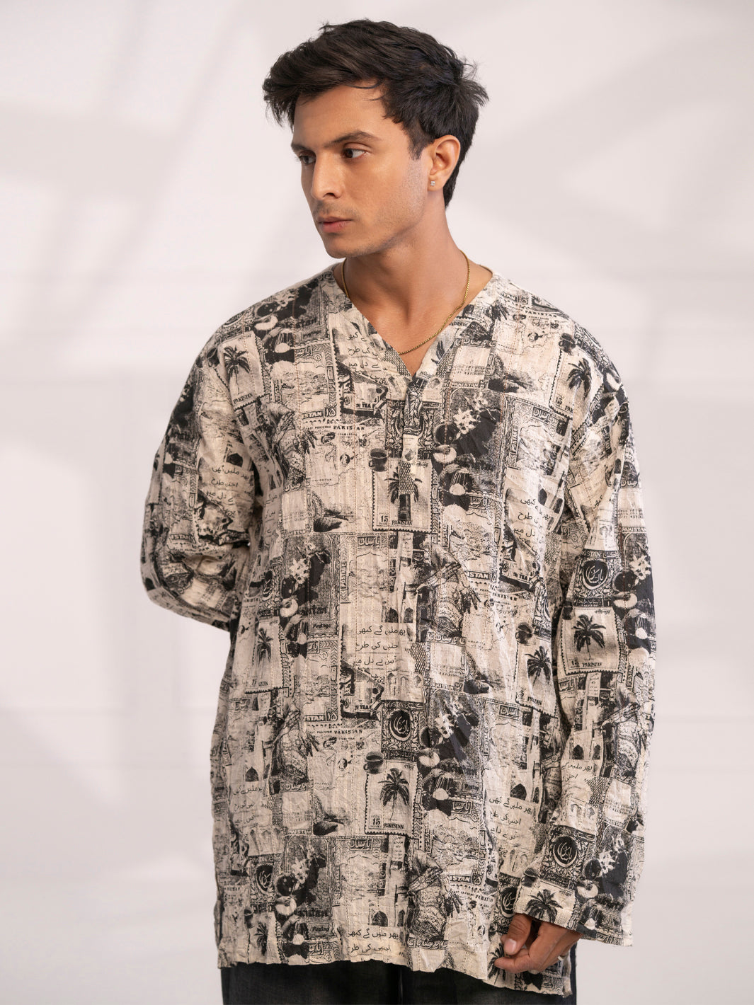 Black & White Cotton Short Kurta - AL-SK-021A