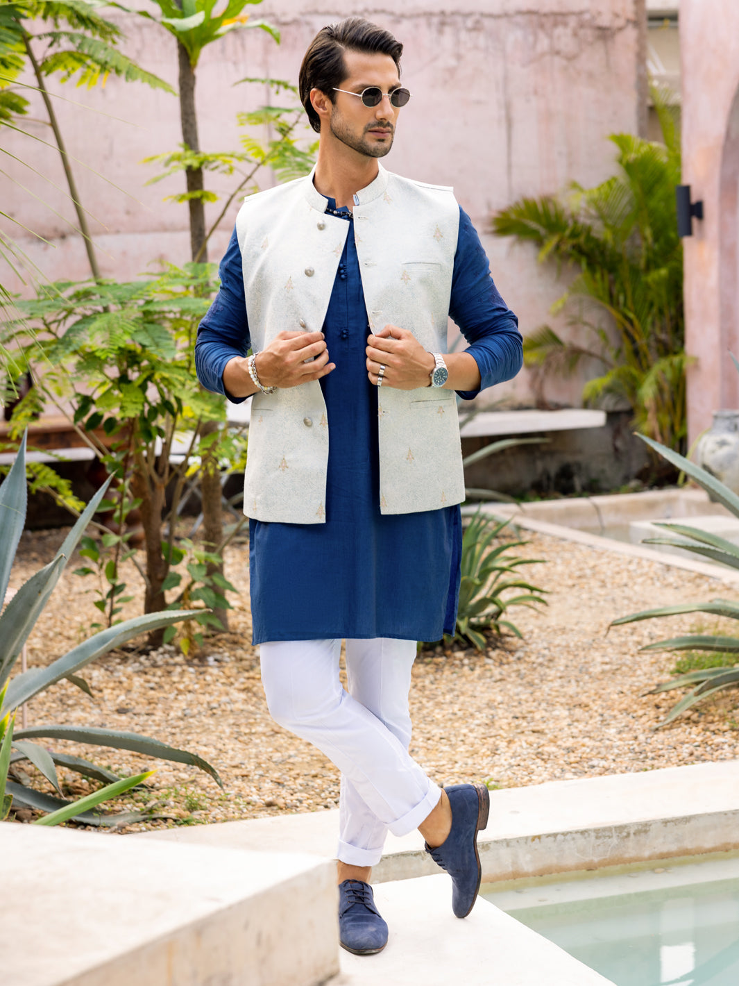 Shalwar Kameez Light Blue Check Waistcoat Sky Blue Blended Kameez