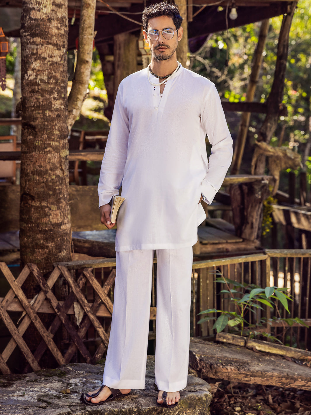 Traditional Short Kurta For Men White Linen Short Kurta Trouser