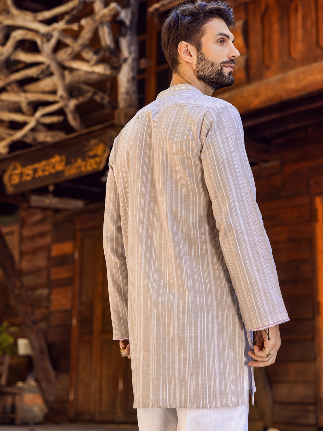 Khaki Linen Short Kurta - ALCR-K-046