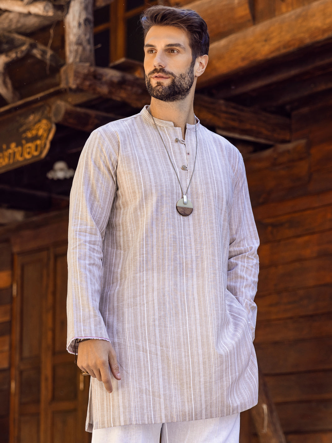 Khaki Linen Short Kurta - ALCR-K-046