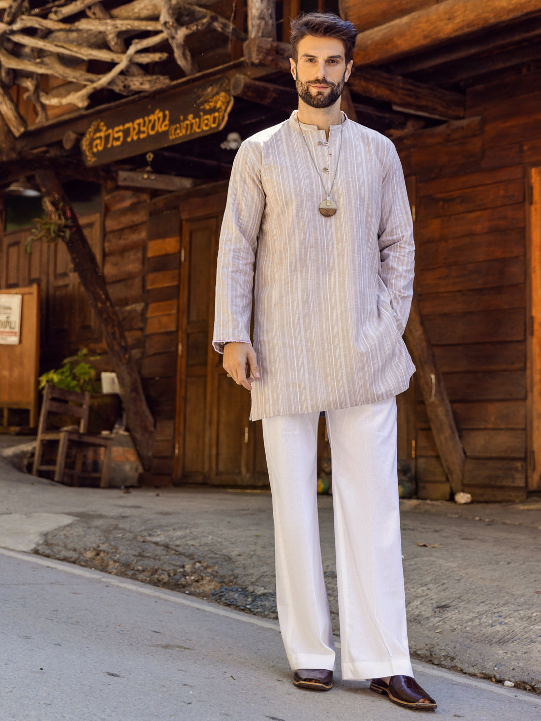 Khaki Linen Short Kurta - ALCR-K-046