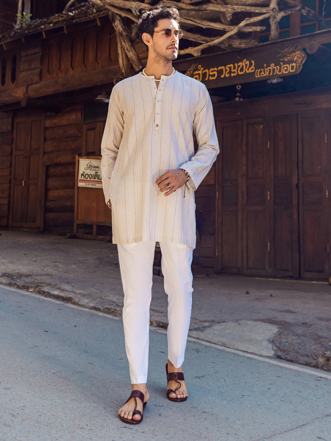 Cream Linen Short Kurta - ALCR-K-047