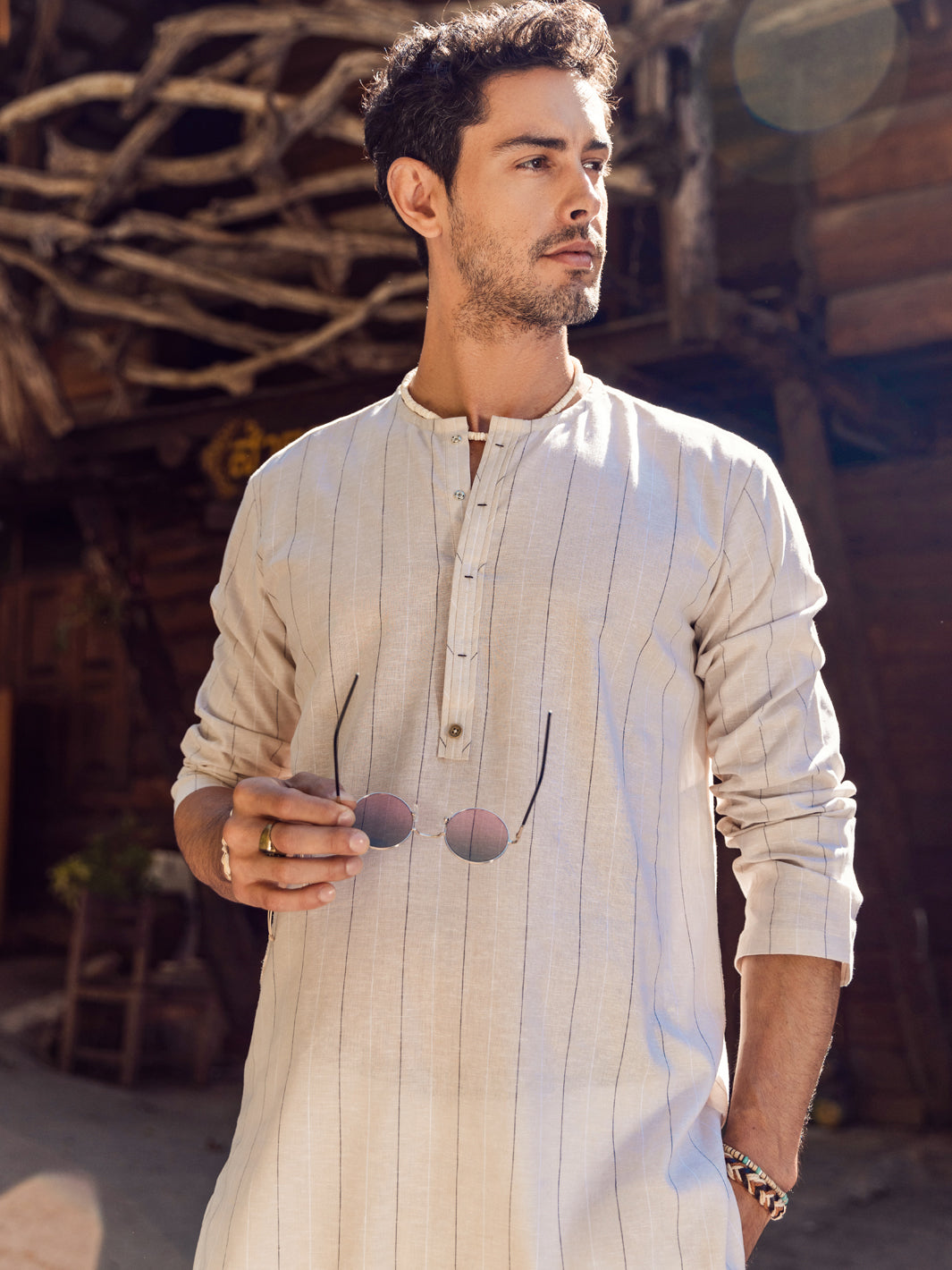 Cream Linen Short Kurta - ALCR-K-047