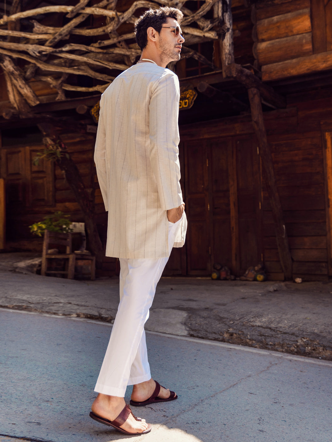 Cream Linen Short Kurta - ALCR-K-047