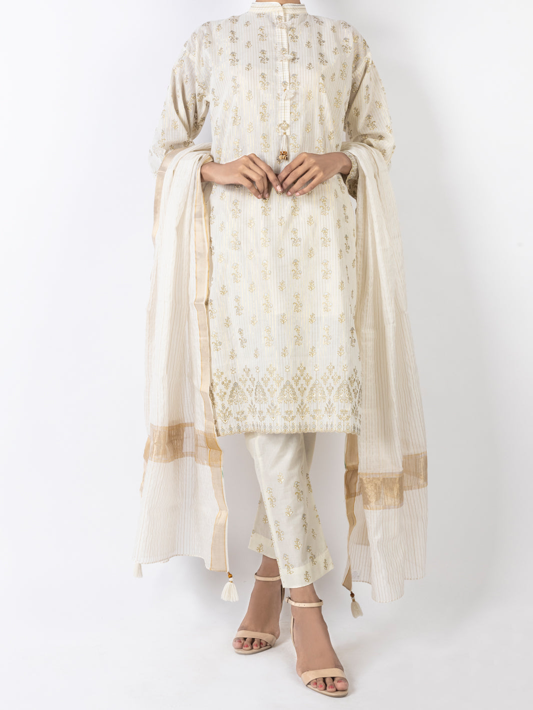 Off White Golden Lurex 3 Piece Stitched - ALP-3PS-1645