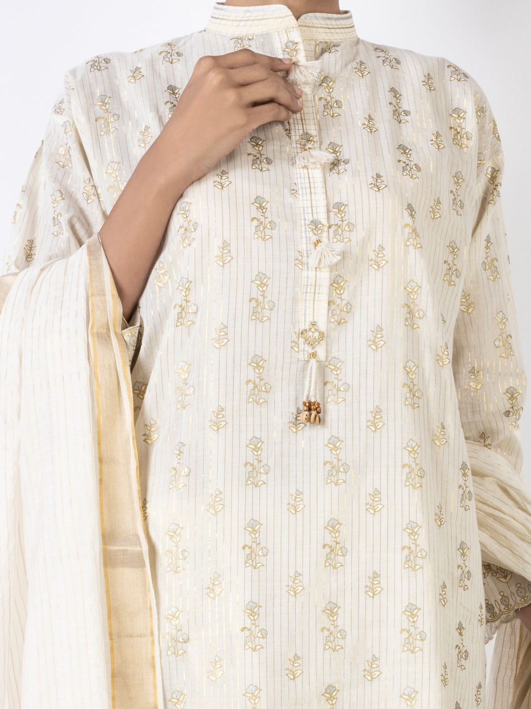 Off White Golden Lurex 3 Piece Stitched - ALP-3PS-1645