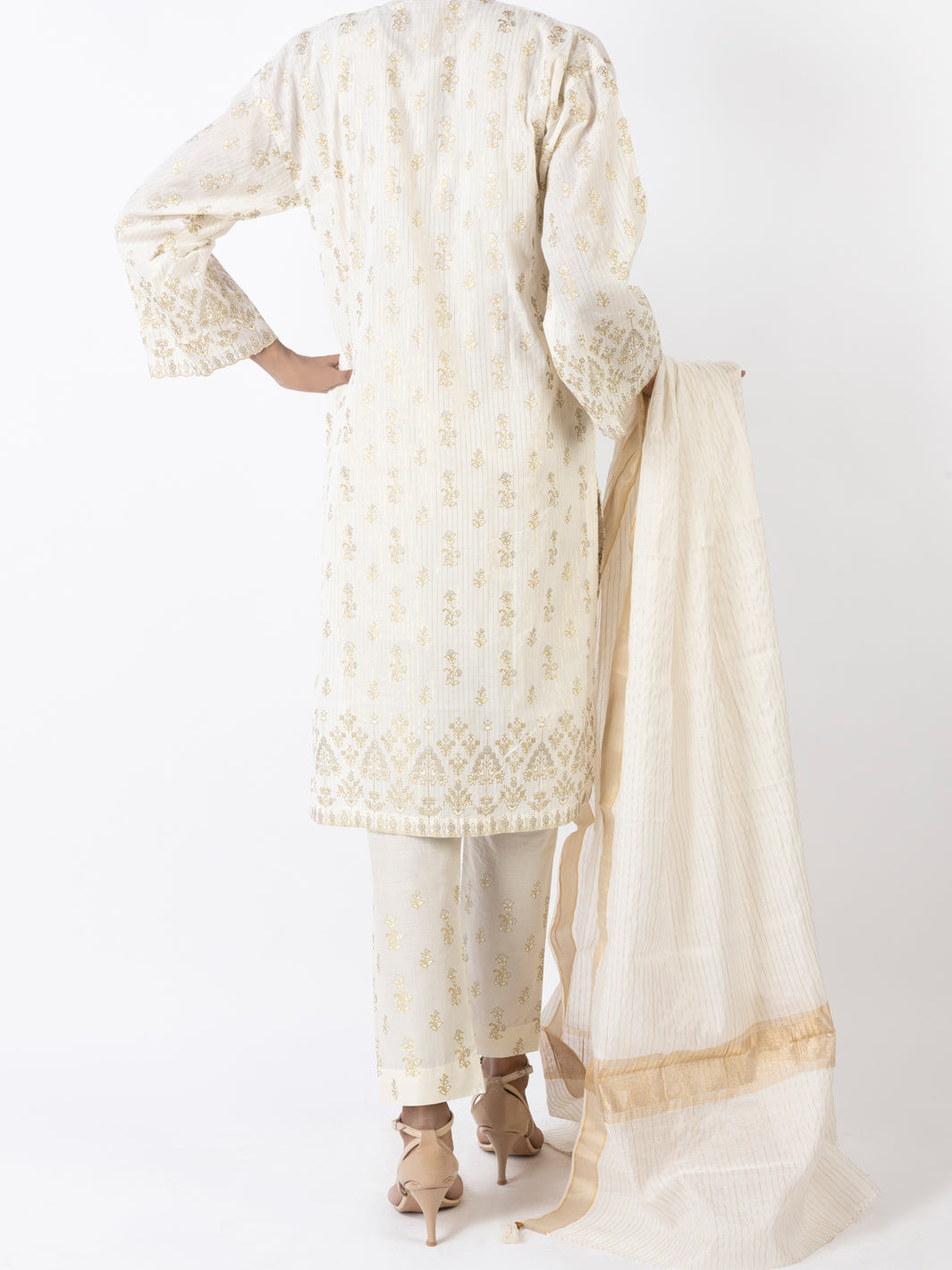 Off White Golden Lurex 3 Piece Stitched - ALP-3PS-1645