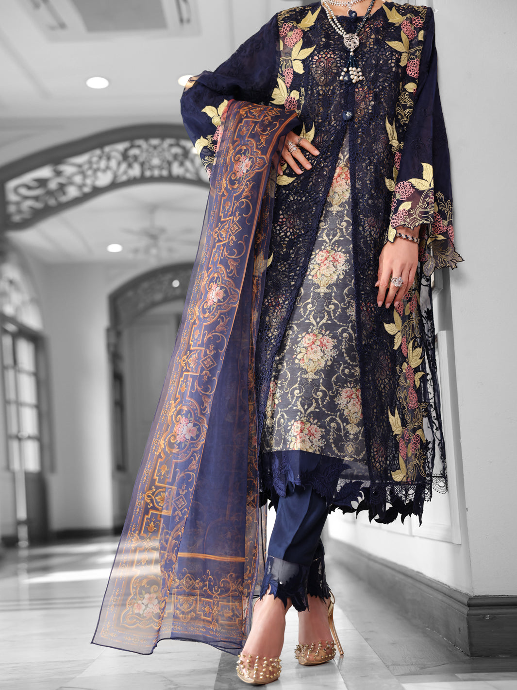 Dark Blue Poly-Organza 3 Piece Unstitched - ALP-3PS-1787 - Almirah Online