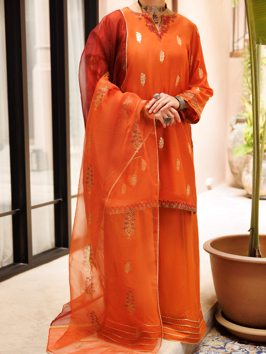 Rust Salsa Silk 3 Piece Stitched - ALP-3PS-1846 - Almirah Online