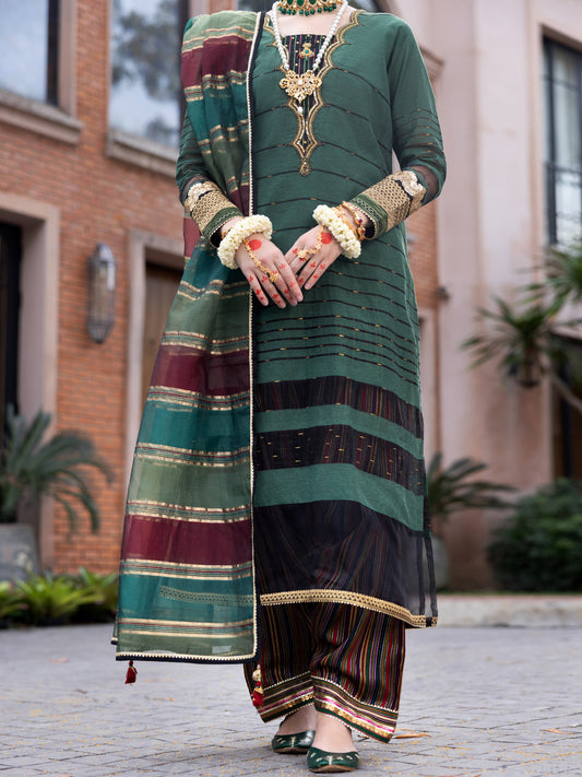 Green Yarn Dyed 3 Piece Stitched - ALP-3PS-1852 - Almirah Online