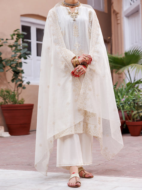 Off White Dobby Jacquard 3 Piece Stitched - ALP-3PS-1951  Almirah
