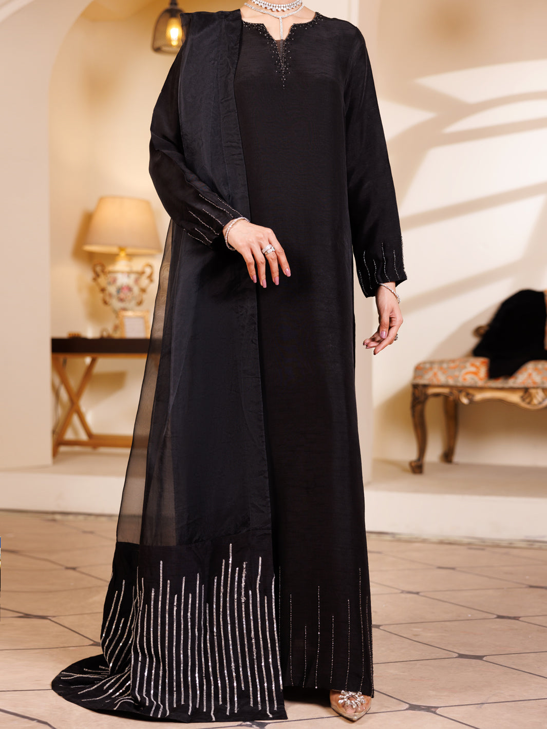 black raw silk dress Embroidered Black Raw Silk Kaftan Dress: evening Formal Gown