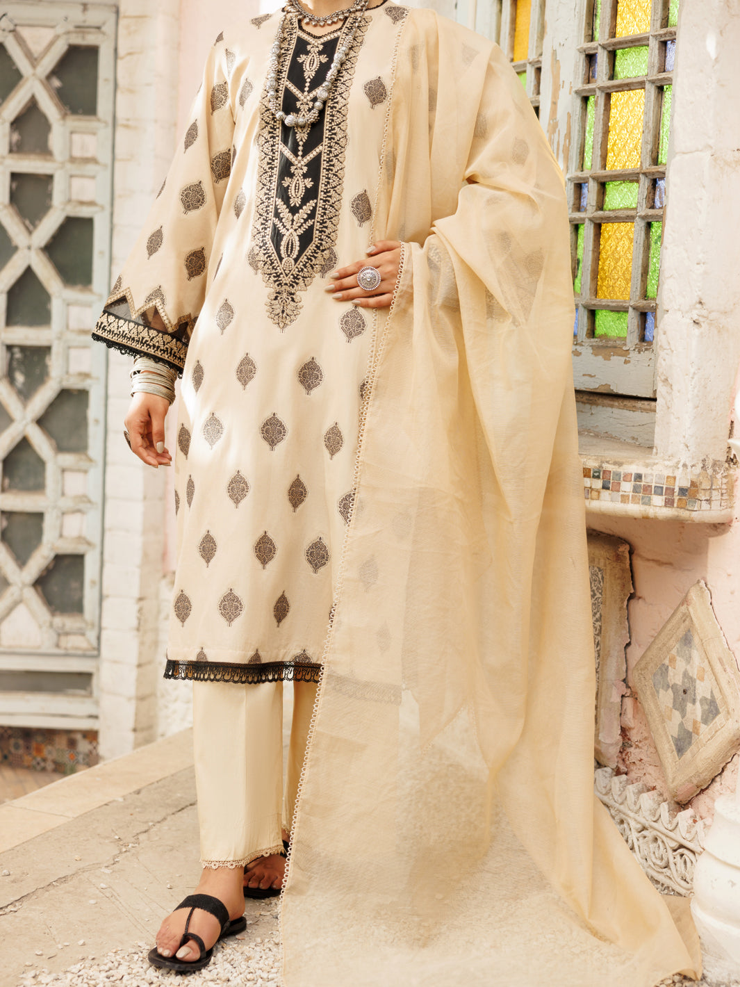 Khaki Yarn Dyed Jacquard 3Pc Stitched - ALP-3PS-2271