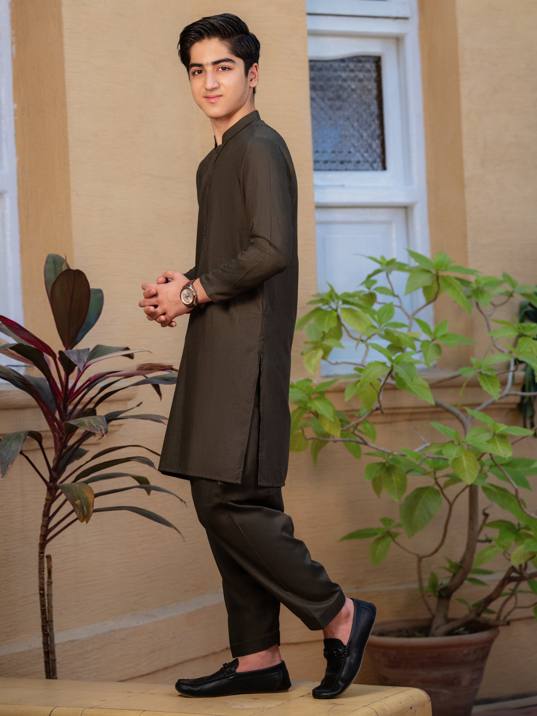 Olive Green Blended Kameez Shalwar - ALT-KS-078