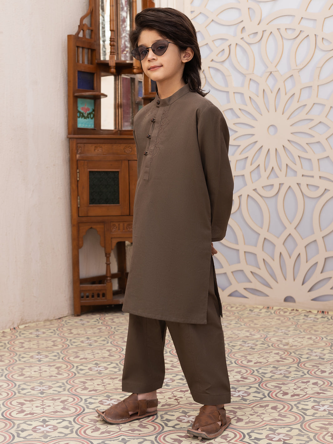 Dark Brown Cotton Kameez Shalwar - ALBY-KS-005