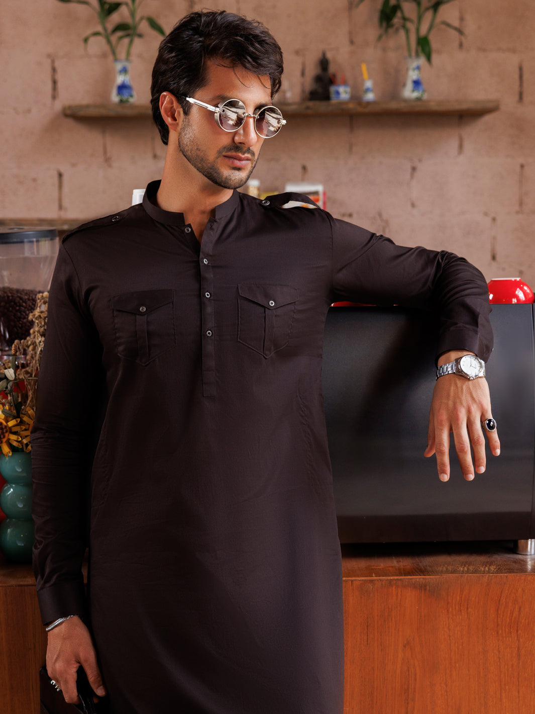 Dark Brown Cotton Kameez Shalwar - AL-KS-3037A - Almirah Online