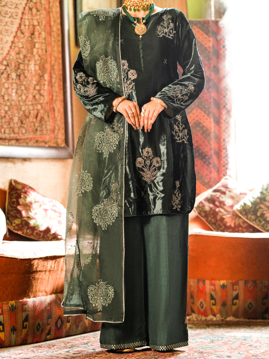 Teal Velvet 3Pc Formal Unstitched - AL-3PS-LS-UN-440