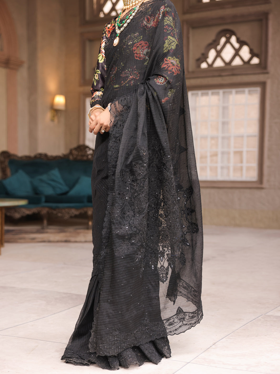 Black Khaddi Net Saree Unstitched - AL-3PS-LS-SR-UN-431