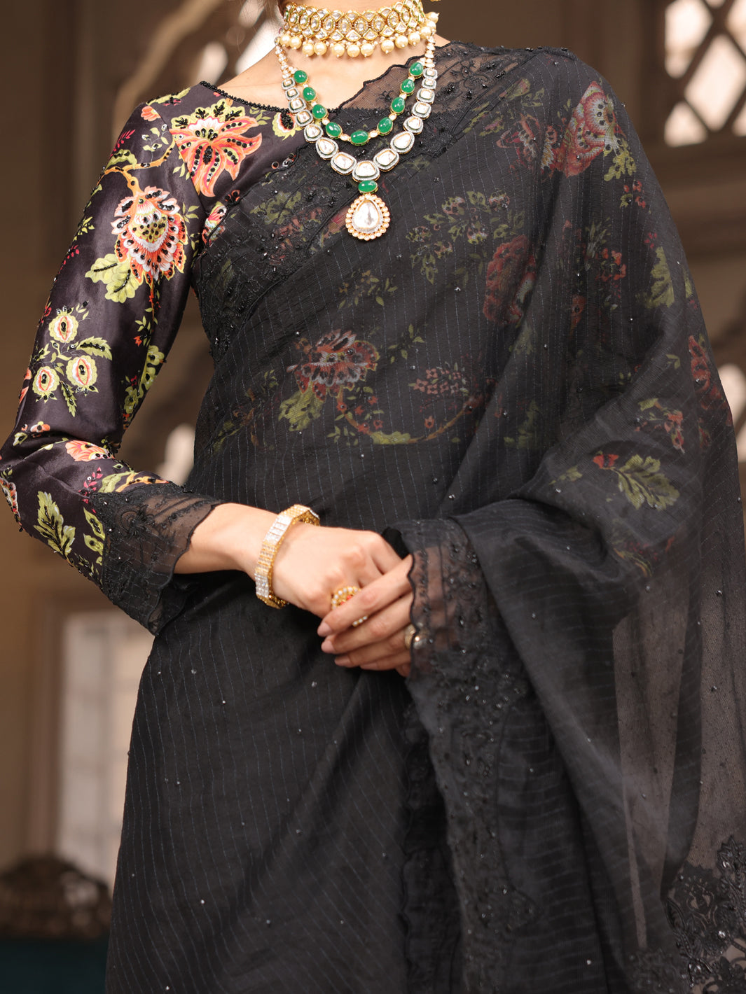 Black Khaddi Net Saree Unstitched - AL-3PS-LS-SR-UN-431