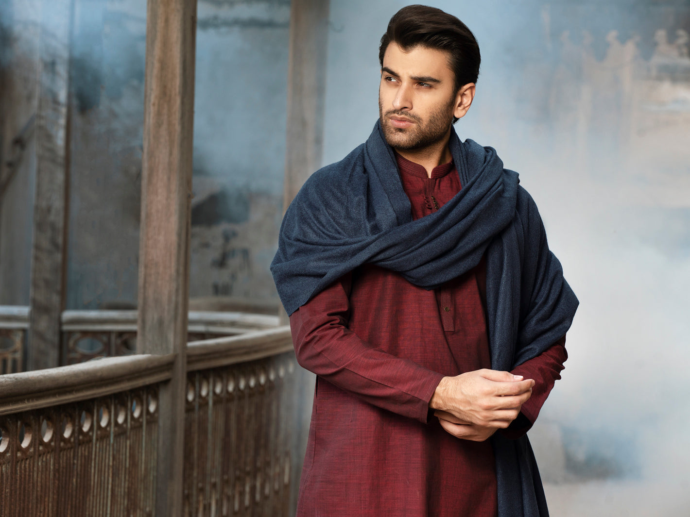 Blue Blended Shawl For Men - AL-SH-005