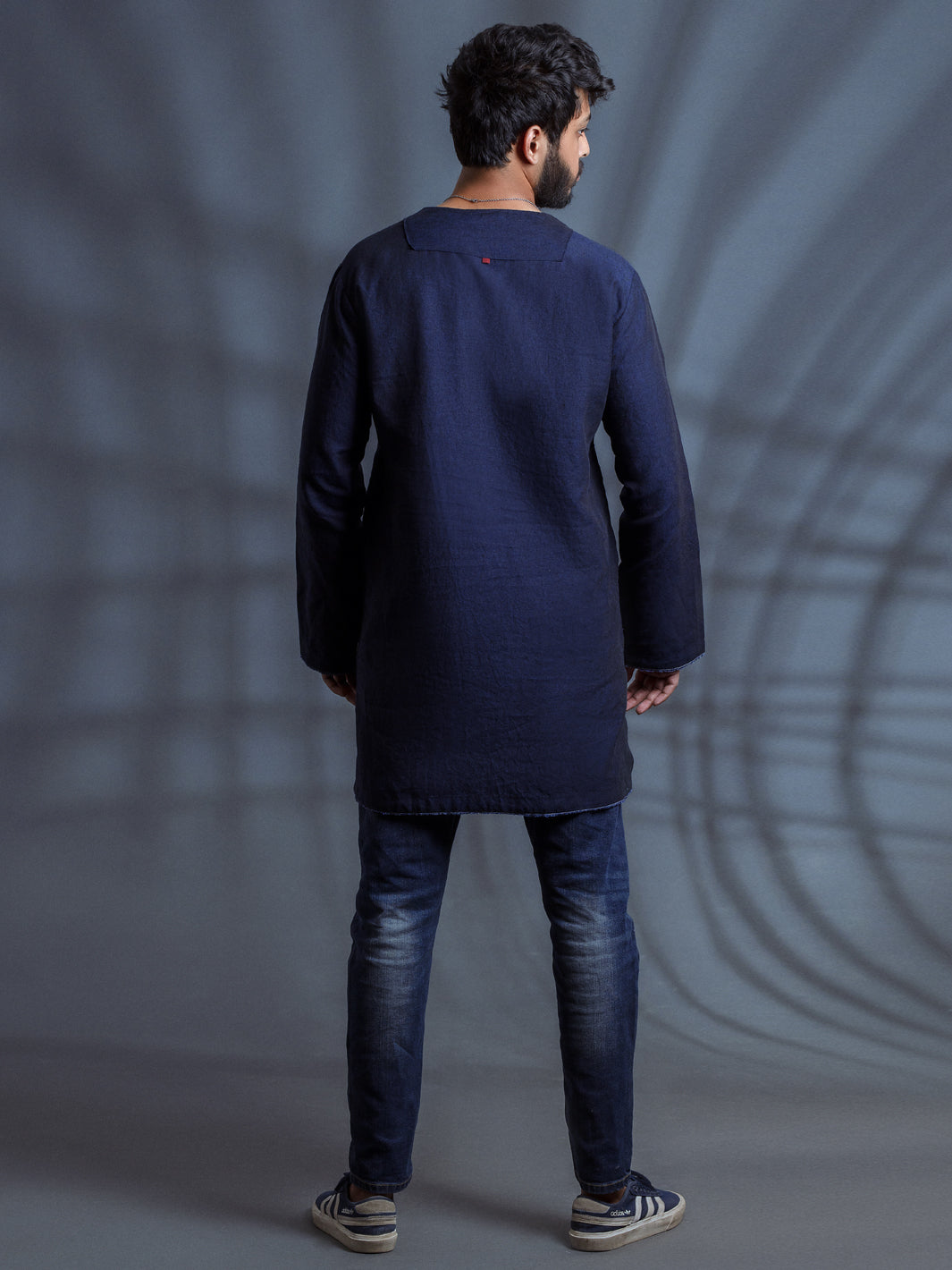 Dark Blue Linen Short Kurta - ALCR-K-006 - Almirah Online