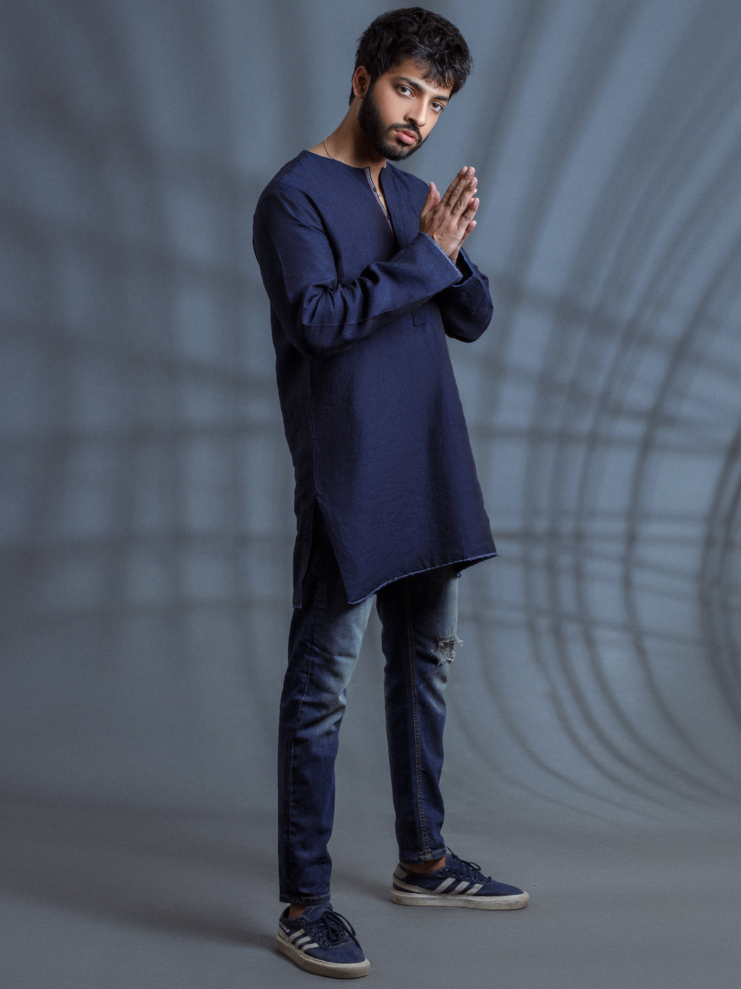 Dark Blue Linen Short Kurta - ALCR-K-006 - Almirah Online