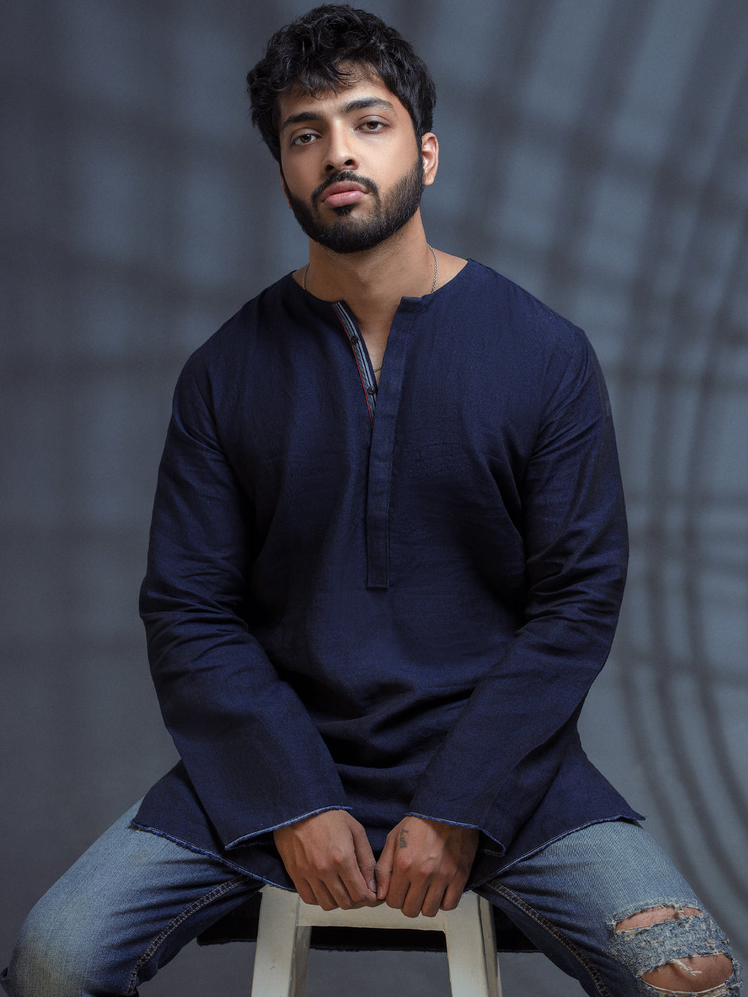 Dark Blue Linen Short Kurta - ALCR-K-006 - Almirah Online