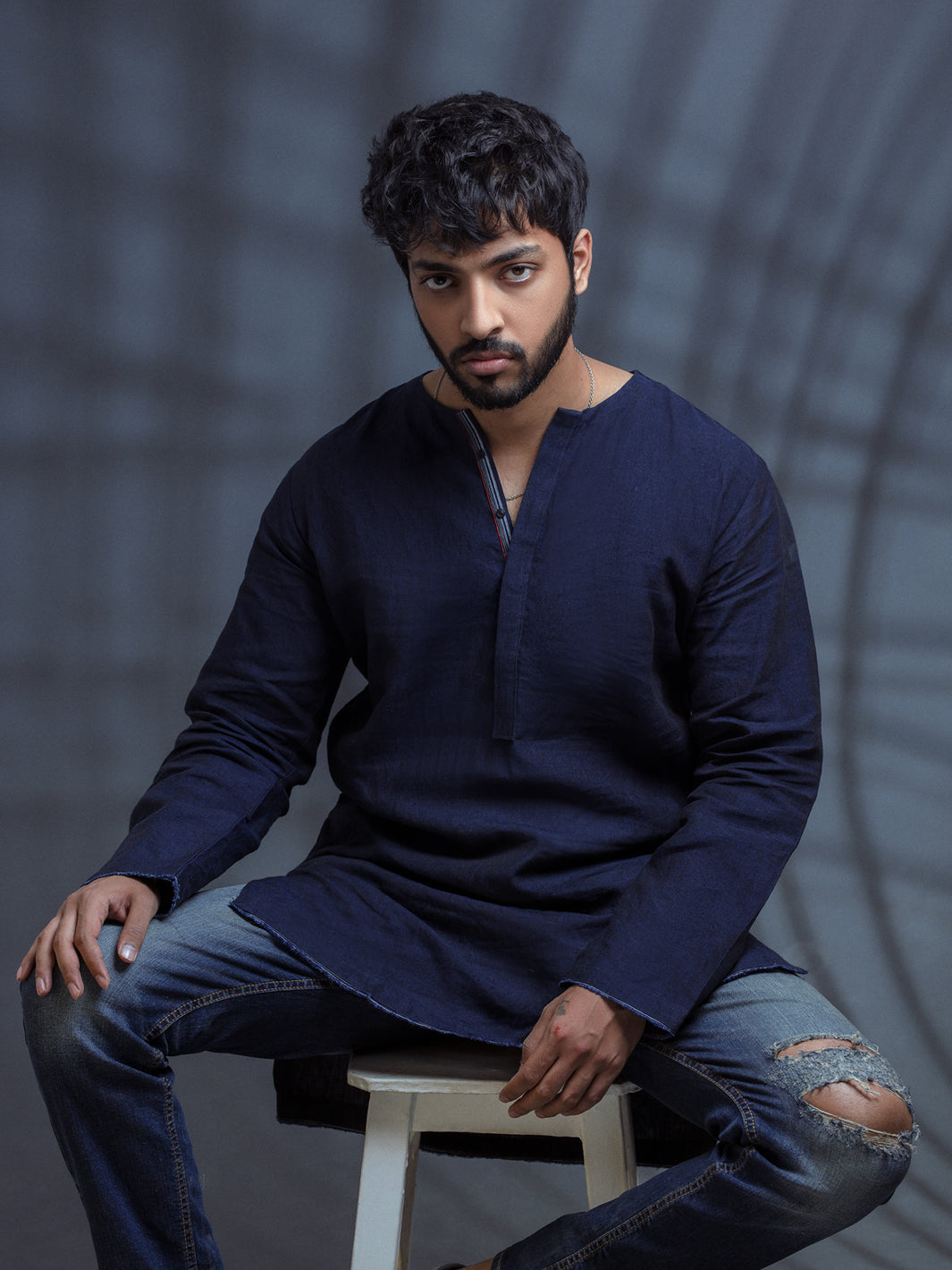 Dark Blue Linen Short Kurta - ALCR-K-006 - Almirah Online