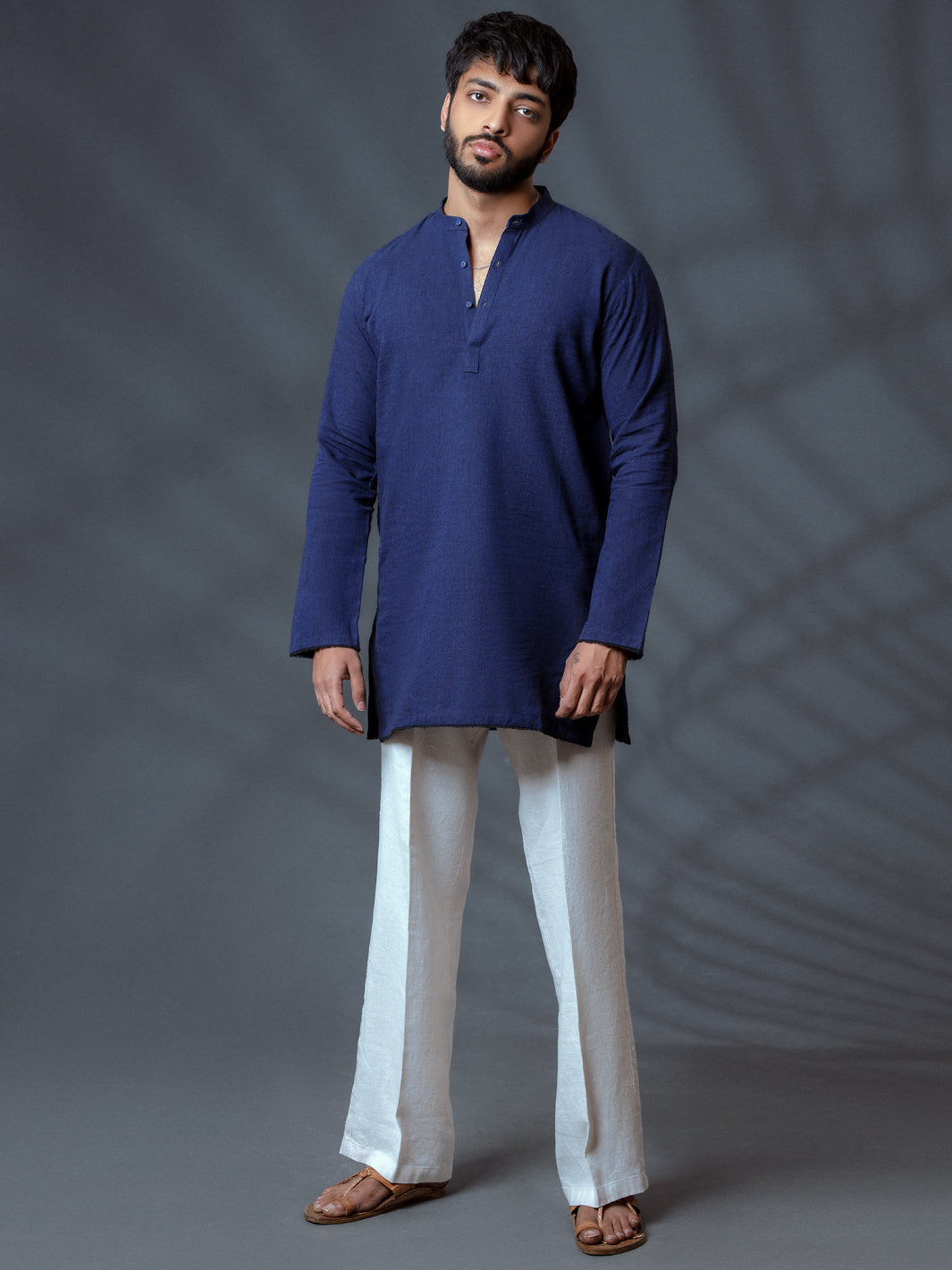 Blue Linen Short Kurta - ALCR-K-007 - Almirah Online