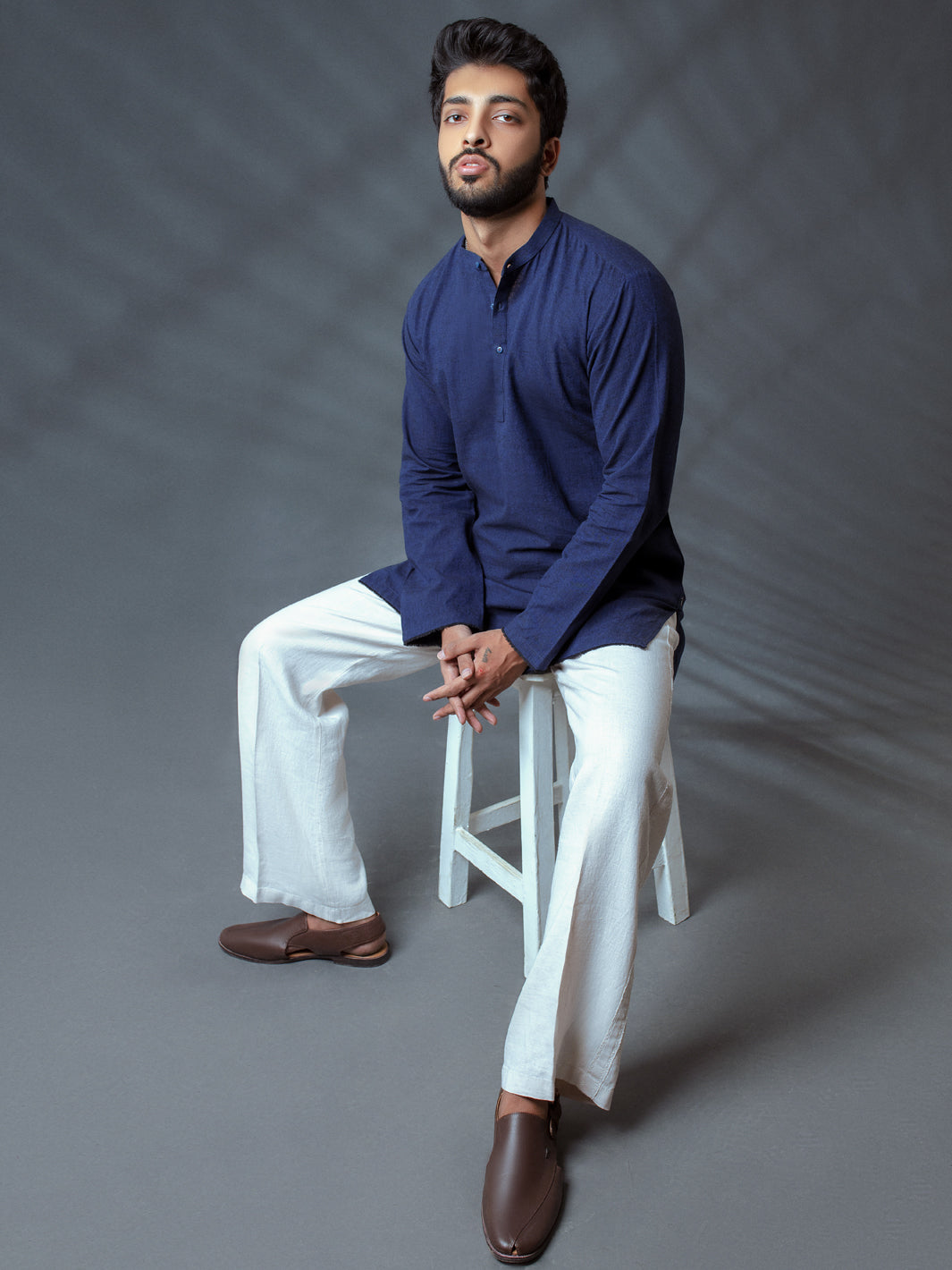 Blue Linen Short Kurta - ALCR-K-007 - Almirah Online