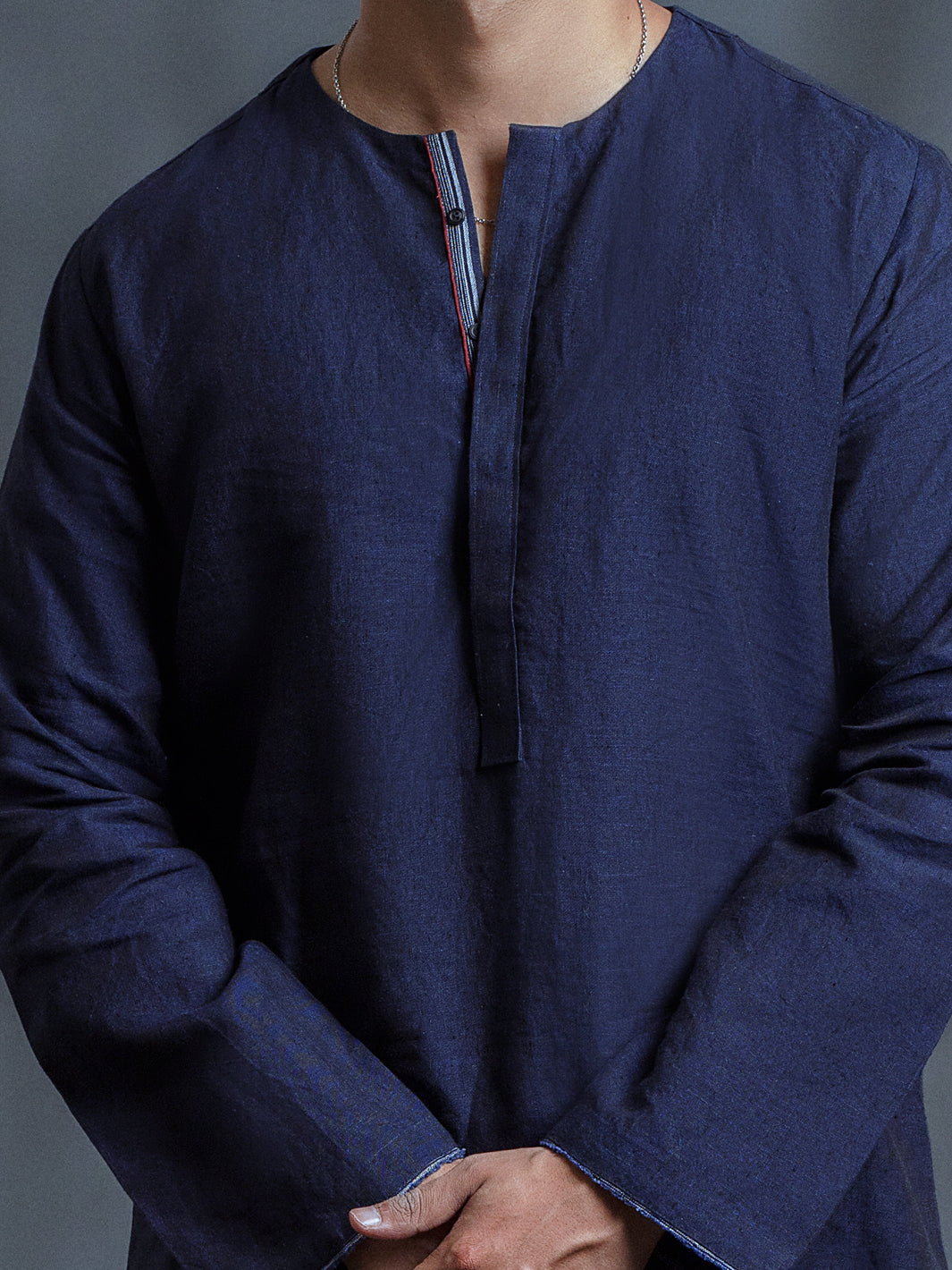 Dark Blue Linen Short Kurta - ALCR-K-006 - Almirah Online