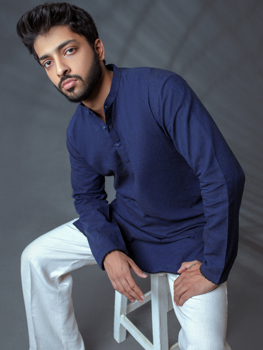 Blue Linen Short Kurta - ALCR-K-007 - Almirah Online
