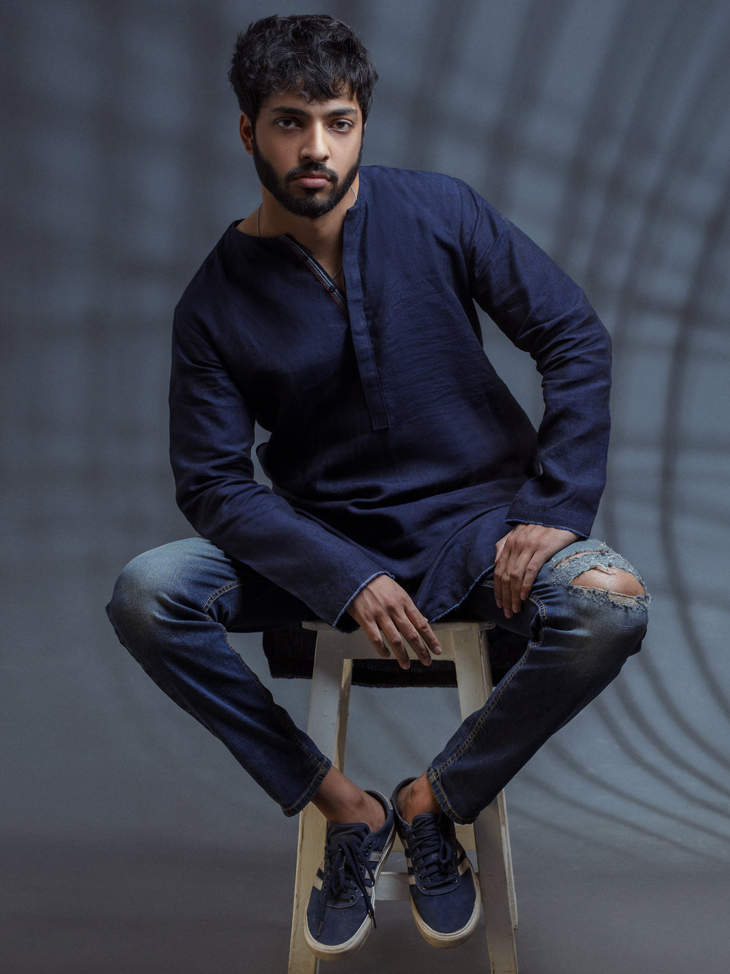 Dark Blue Linen Short Kurta - ALCR-K-006 - Almirah Online
