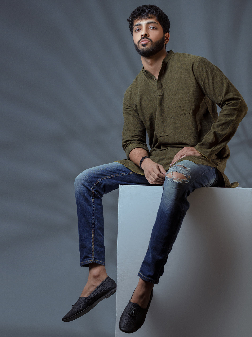 Green Linen Short Kurta - ALCR-K-008 - Almirah Online