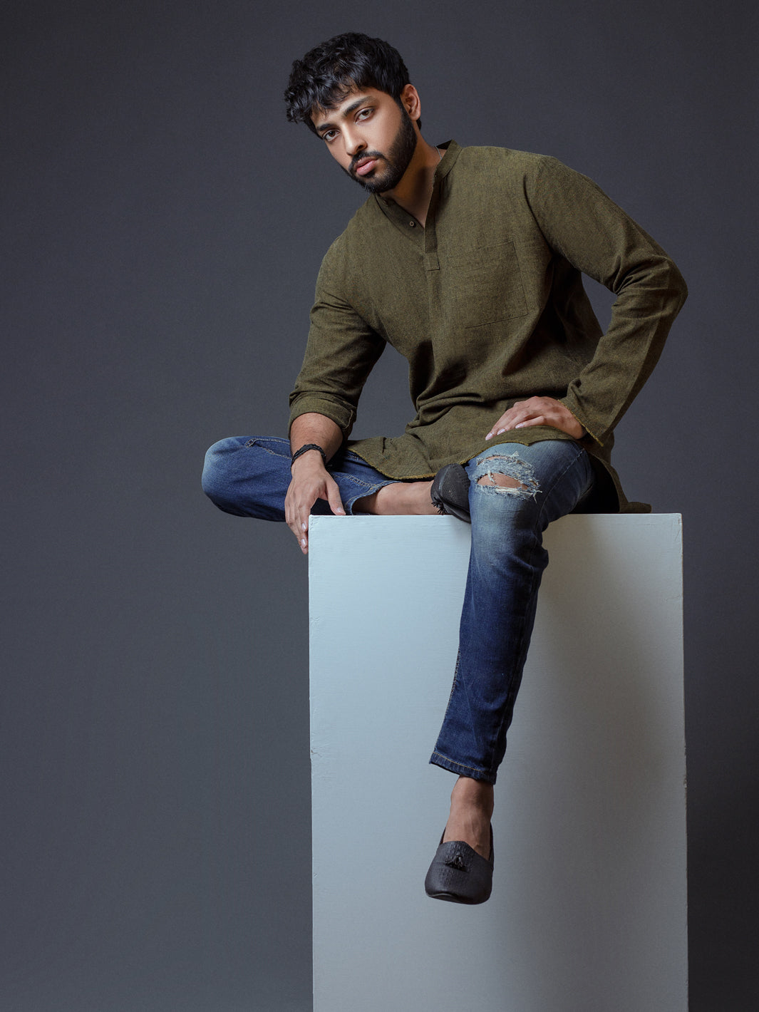 Green Linen Short Kurta - ALCR-K-008 - Almirah Online
