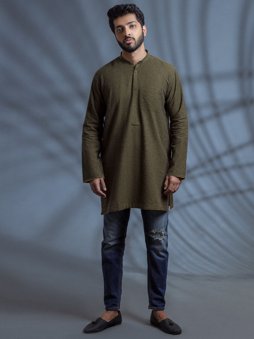 Green Linen Short Kurta - ALCR-K-008 - Almirah Online