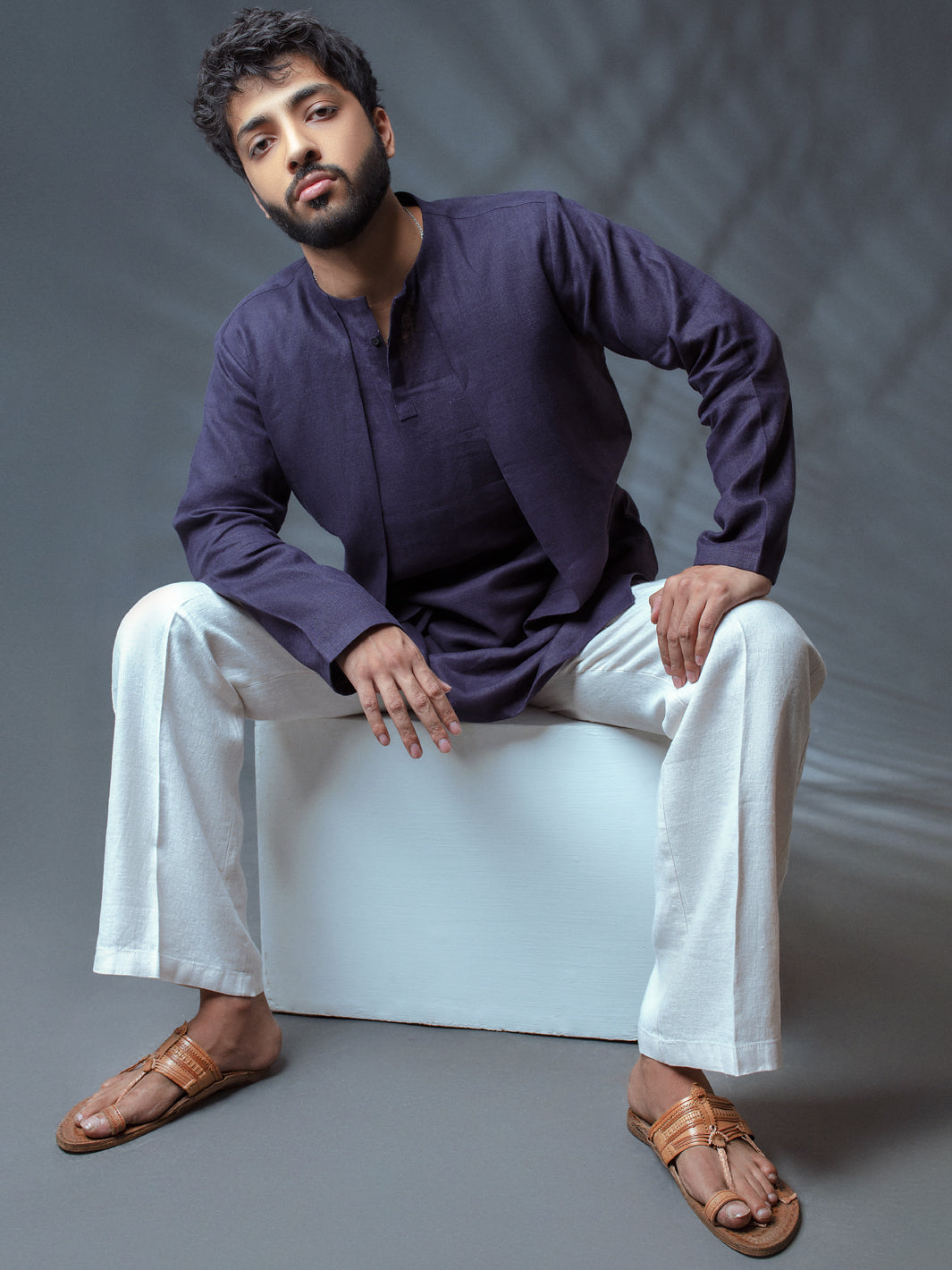 Deep Purple Linen Short Kurta - ALCR-K-009 - Almirah Online